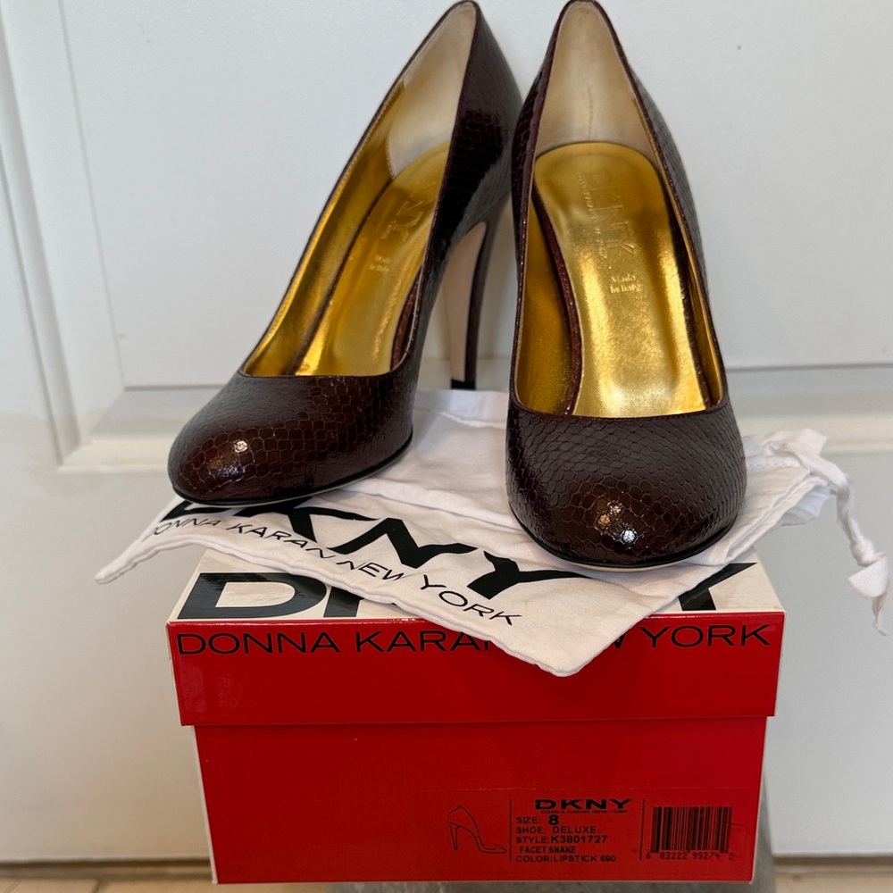 DKNY Burgundy Heels with Shimmering Gold Lining